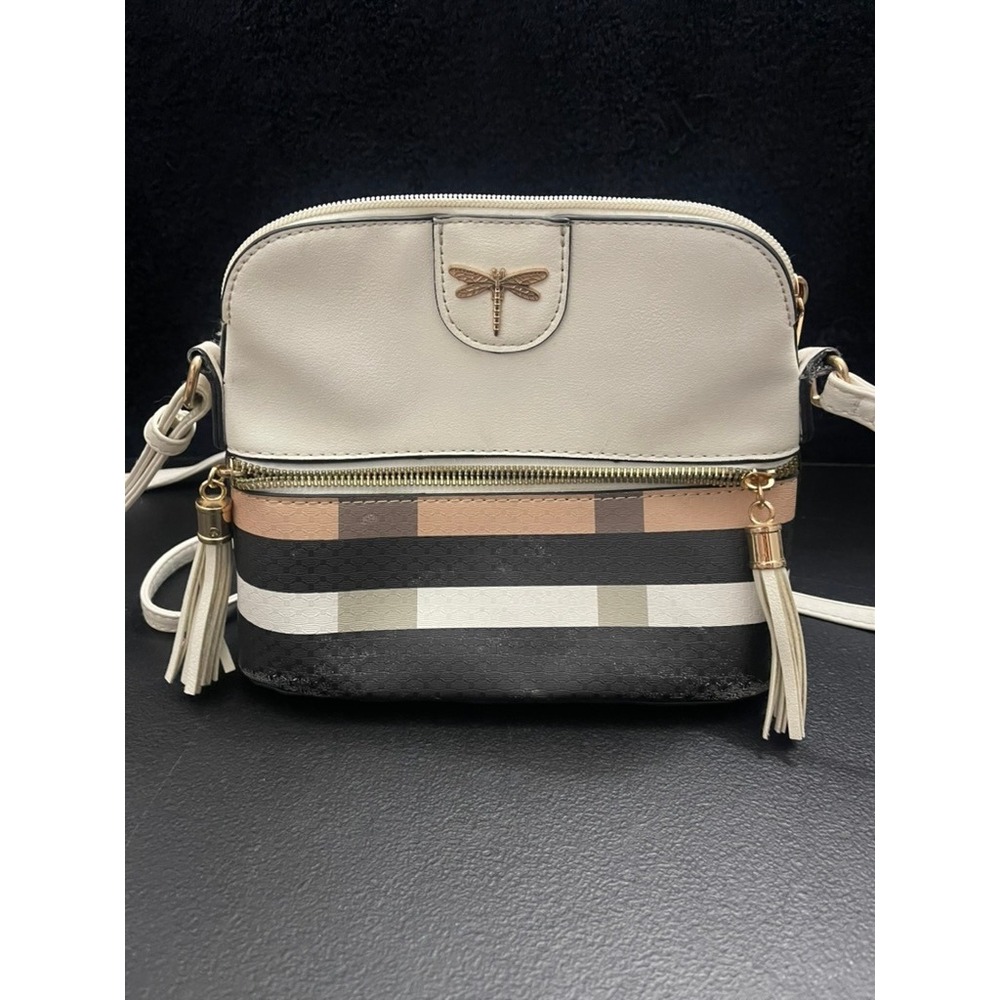 Dragonfly Emblem Striped Crossbody Bag Tan Black White Tassel Camera Bag